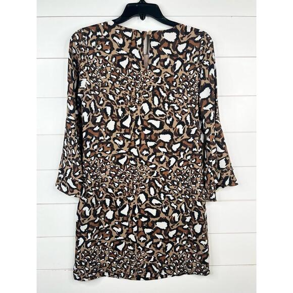 JADE Leopard Animal Print Shift Dress 3/4 Bell Sleeves Keyhole Back Size XS - Picture 3 of 13